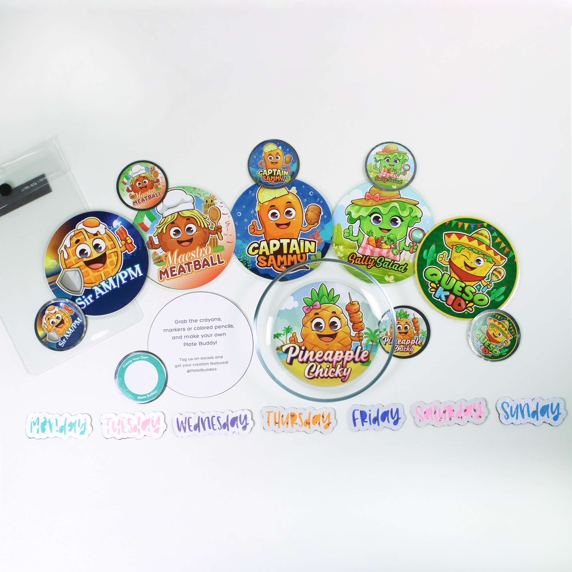 Premium Plate Buddies Meal Planning System flat-lay with tempered glass plate, all 6 character mats and matching magnets