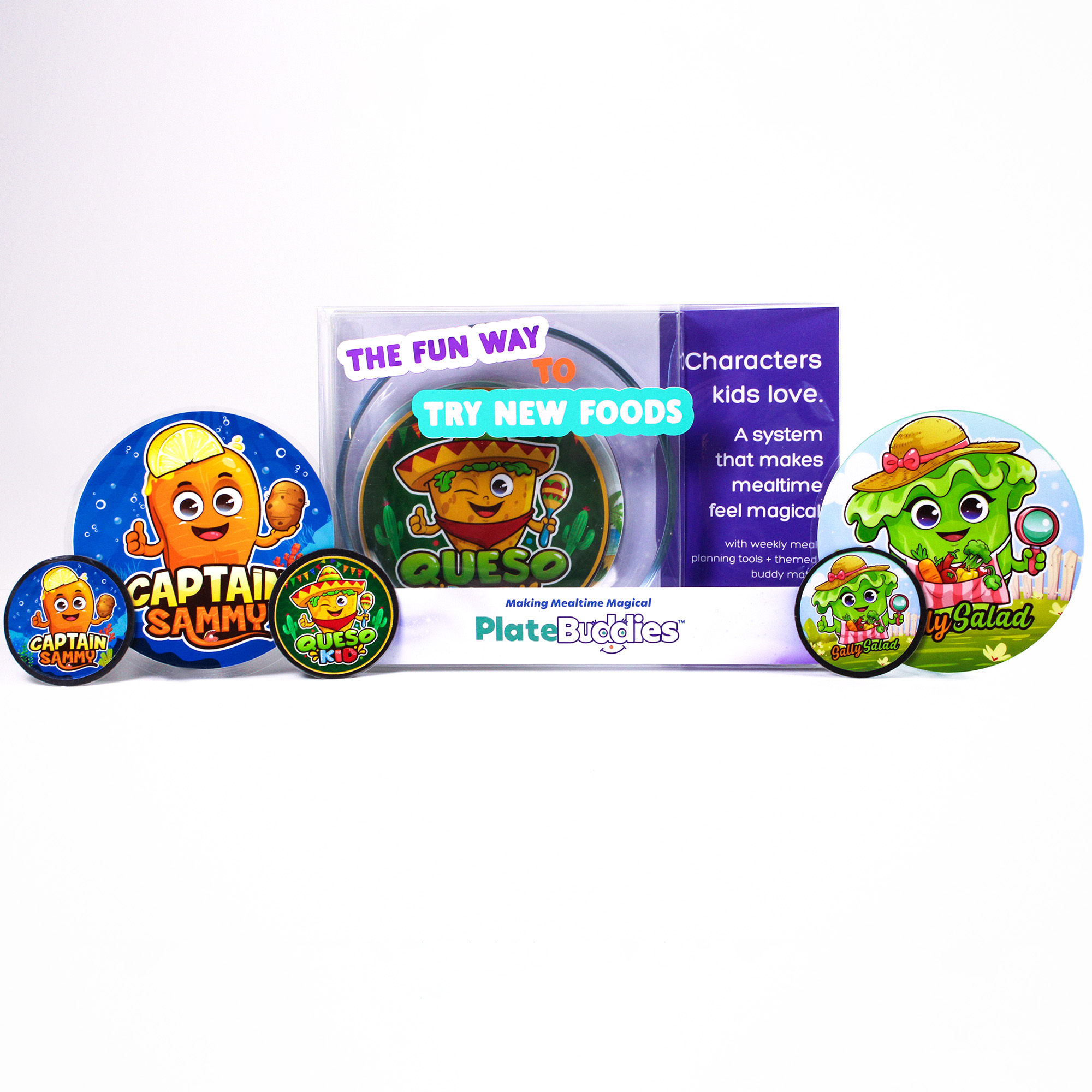 Plate Buddies Premium Kit product packaging with Queso Kid, Captain Sammy, and Sally Salad mats and magnets