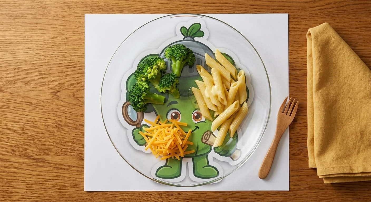 A printed Plate Buddy under a clear glass plate with real broccoli, pasta, and cheese on top