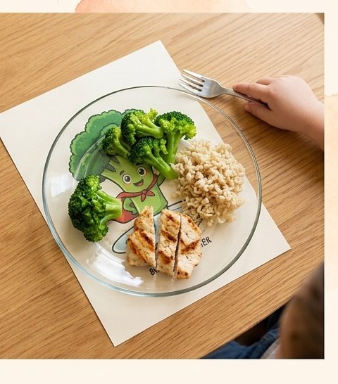 The printed Buddy under a clear glass plate with real broccoli, chicken, and rice on top.